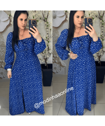 Vestido Camponesa Estampado Azul